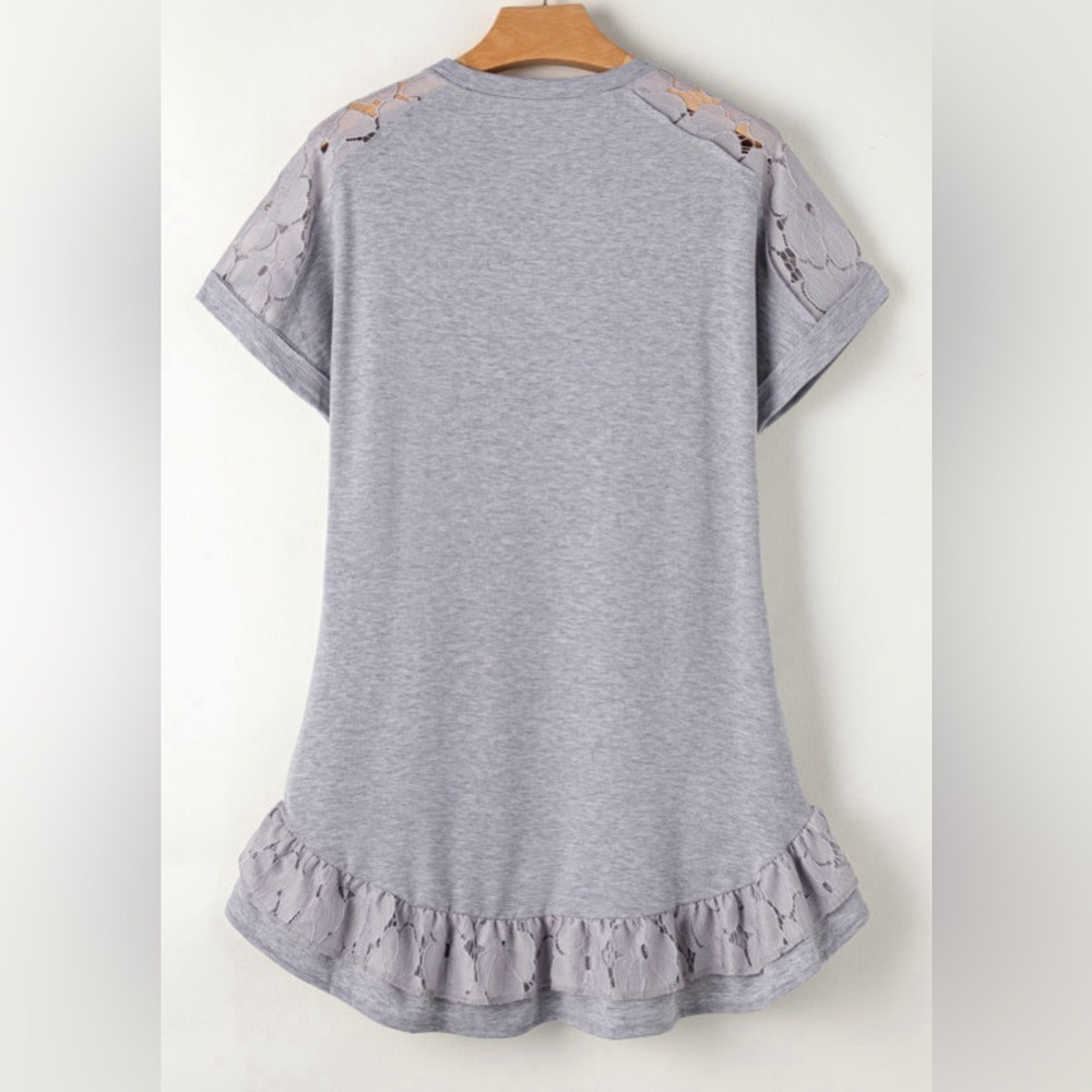 Light Gray Lace Floral Patchwork Ruffled T-Shirt Dress - Picture 5 of 9